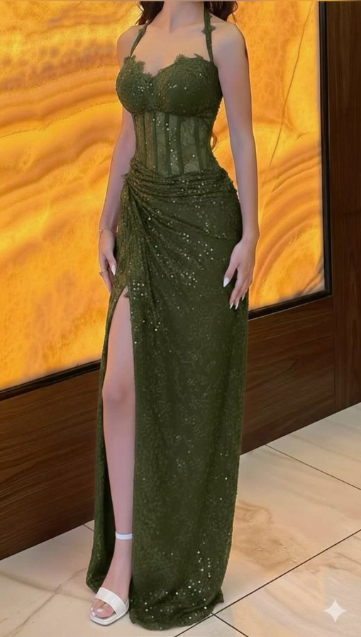Slim Sequins Corset Prom Gown , Bud Green Women's Maxi Evening Dress Party Dress RS2509