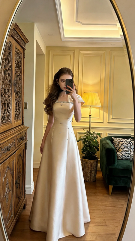Light champagne-colored fitted A-line long ball gown R8572