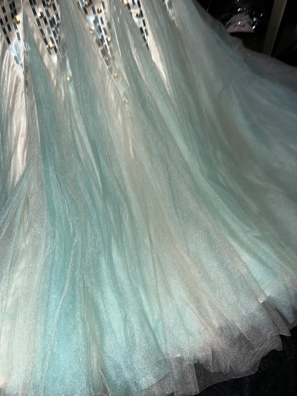 Light green strapless, fitted, elegant long ball gown R6909