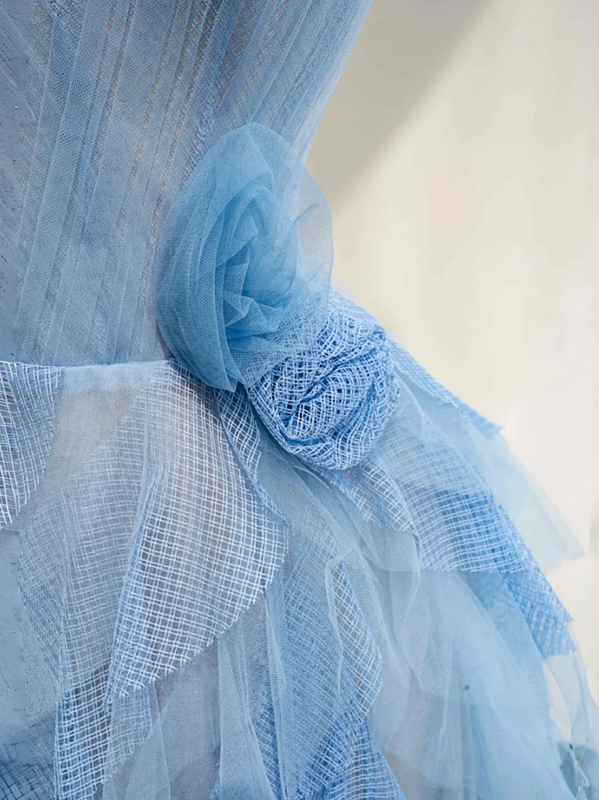 Blue one-shoulder slim waist cake skirt long dress, prom dress R5675