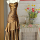 Gold strap satin waist slim pleated elegant long skirt ball gown R6231