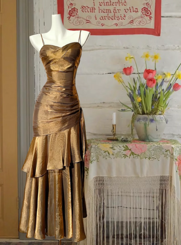 Gold strap satin waist slim pleated elegant long skirt ball gown R6231