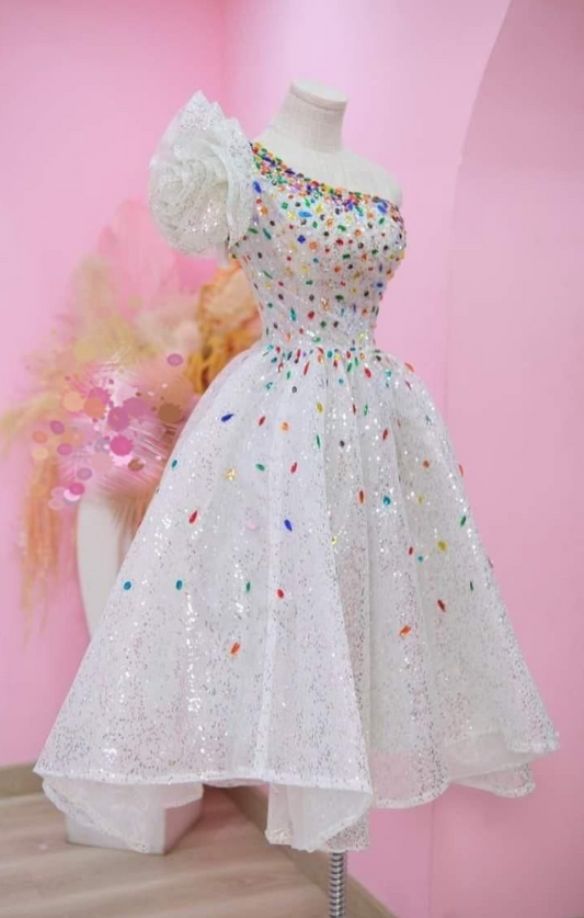 Colorful Flowy Tulle Prom Gown White Women's Maxi Evening Dress Birthday Dress RS2783