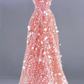 Pink halter neck sequined waist-cinching A-line long ball gown R6470