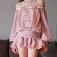 Pink one-shoulder gentle long-sleeved loose fashionable mini skirt homecoming dress R4731