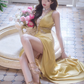 Yellow V-neck fitted waist slim-fit sexy slit long ball gown R7069