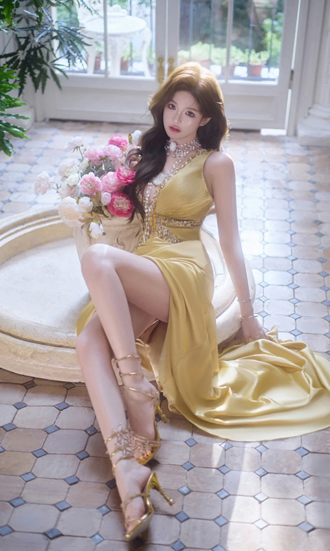 Yellow V-neck fitted waist slim-fit sexy slit long ball gown R7069