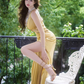 Yellow V-neck fitted waist slim-fit sexy slit long ball gown R7069