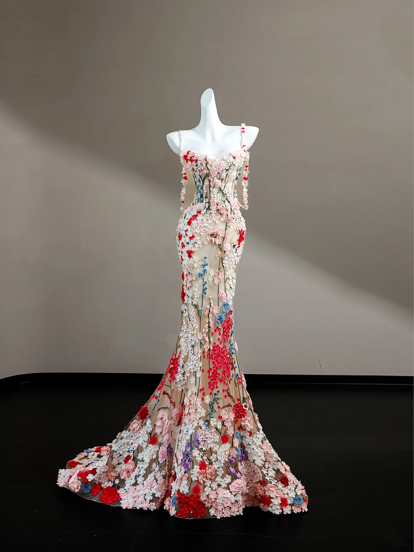 Pink suspender three-dimensional small flower waist slim hip long skirt, prom dress R5639