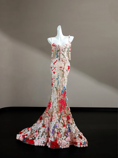Pink suspender three-dimensional small flower waist slim hip long skirt, prom dress R5639