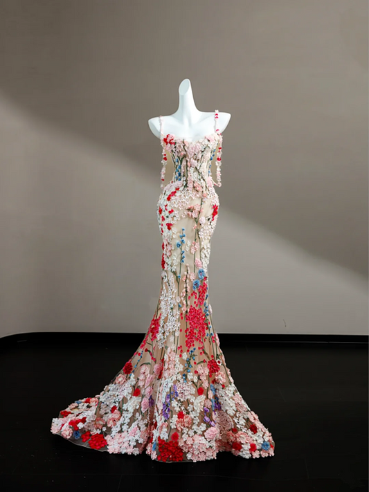 Pink suspender three-dimensional small flower waist slim hip long skirt, prom dress R5639