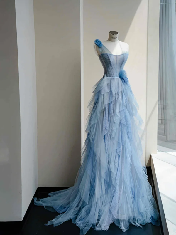 Blue one-shoulder slim waist cake skirt long dress, prom dress R5675