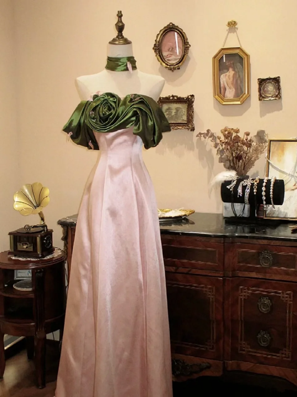 Green strapless pink fitted long wedding dress R6590