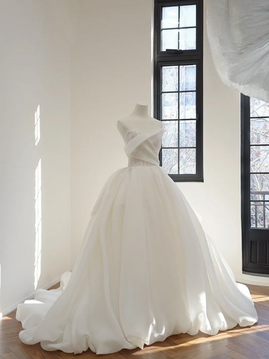 White strapless, fitted waist, full skirt, long ball gown, bridal dress R8475