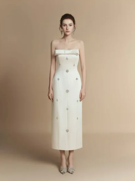 White tube top waist A-line elegant long dress homecoming dress R4856