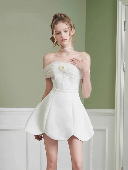 White one-shoulder slim waist A-line lace short skirt homecoming dress R5240