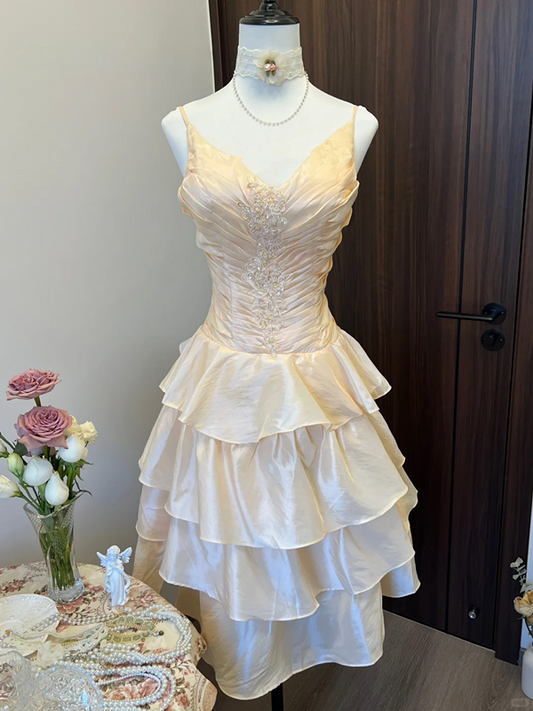 Champagne pink suspenders waist pleated satin slim fit sexy cake mid-length skirt homecoming dress R4328