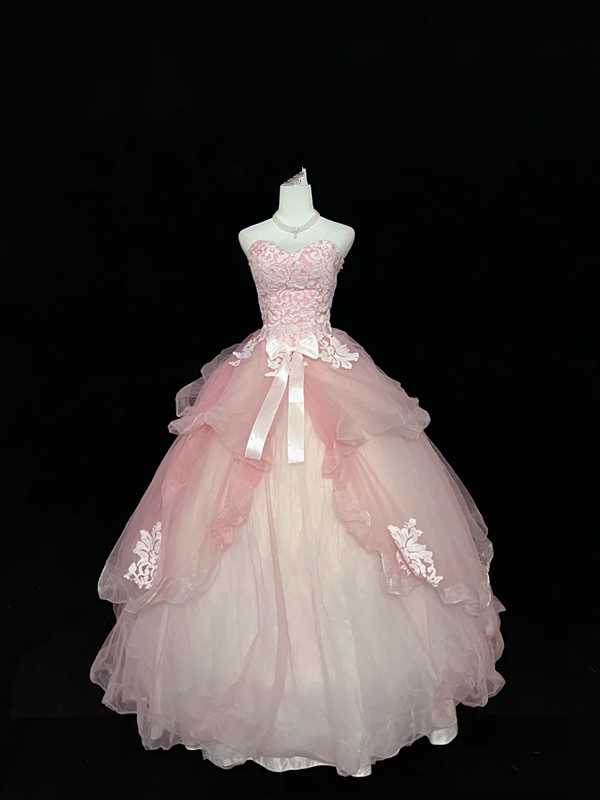 Light pink strapless, fitted waist, full skirt, long ball gown, bridal dress R9056