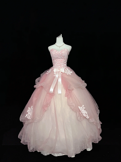 Light pink strapless, fitted waist, full skirt, long ball gown, bridal dress R9056