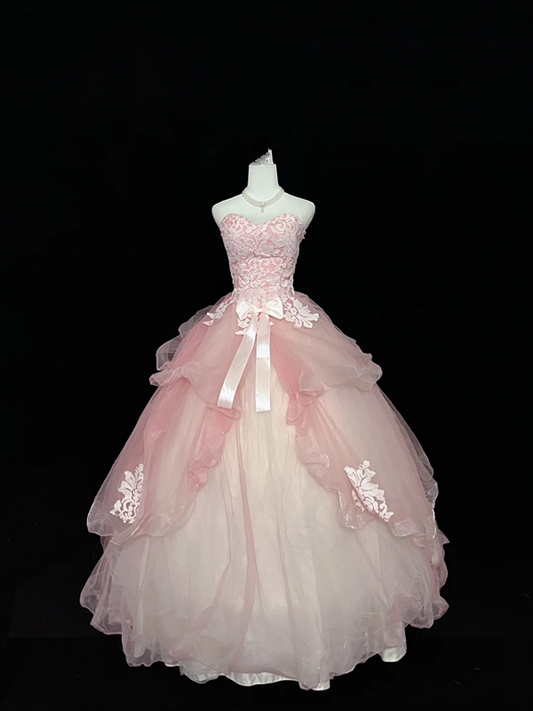 Light pink strapless, fitted waist, full skirt, long ball gown, bridal dress R9056