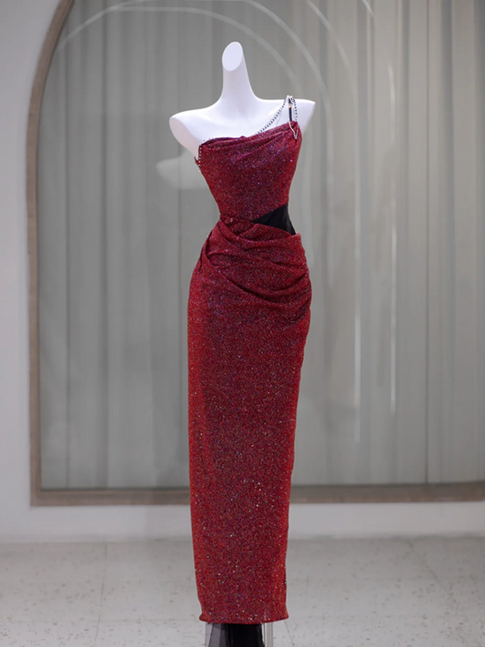 Red one-shoulder sequined waist slim hip sexy hip prom dress bridal gown R5871