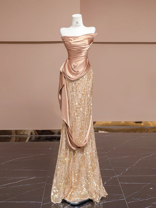 Rose gold strapless, fitted, bodycon, sexy long ball gown/bridal dress R8328