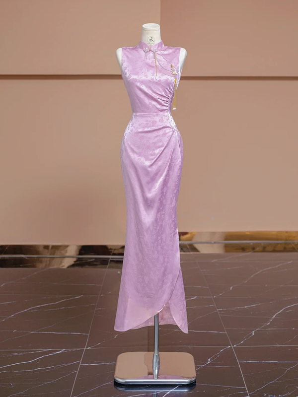 Light purple Chinese cheongsam, fitted waist, elegant ball gown/bridal dress R8300