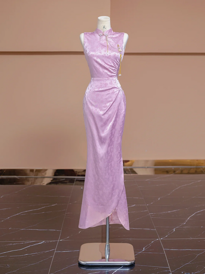 Light purple Chinese cheongsam, fitted waist, elegant ball gown/bridal dress R8300