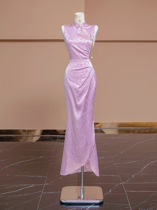 Light purple Chinese cheongsam, fitted waist, elegant ball gown/bridal dress R8300