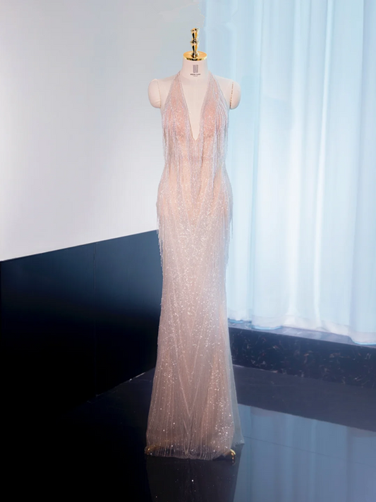 Light pink halter neck fitted waist long ball gown, bridal gown R8996
