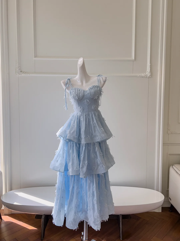 Blue suspender waist elegant cake long skirt homecoming dress R5097
