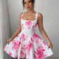 White background printed halter waist slim A-line short skirt homecoming dress R3210