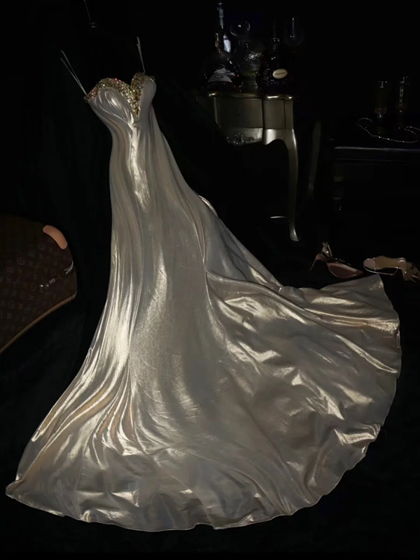 Champagne-colored halter-neck rhinestone-embellished fitted long ball gown R6868