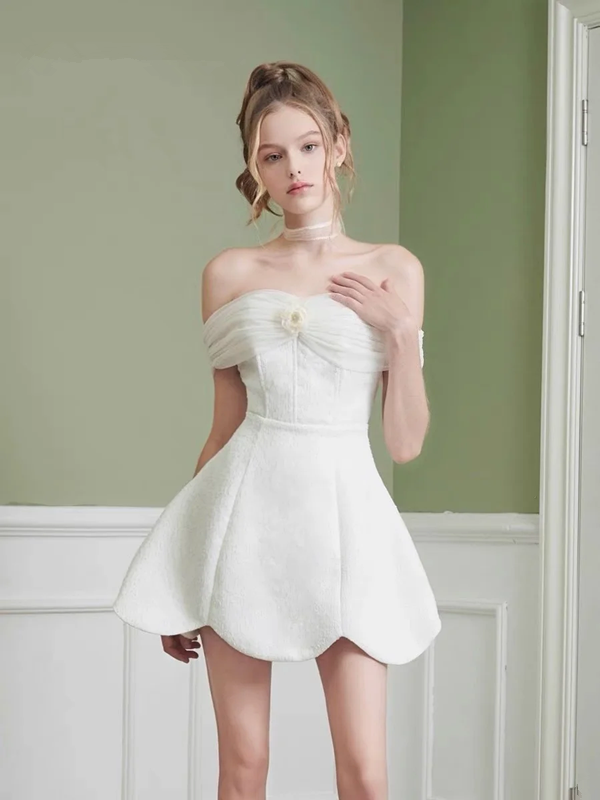 White one-shoulder slim waist A-line lace short skirt homecoming dress R5240