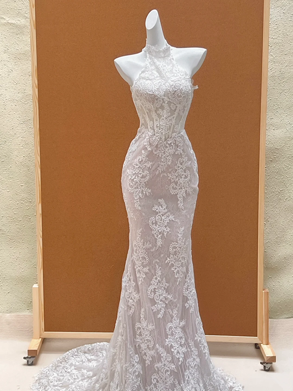 White lace halterneck slim waist hip long dress bridal gown R5757