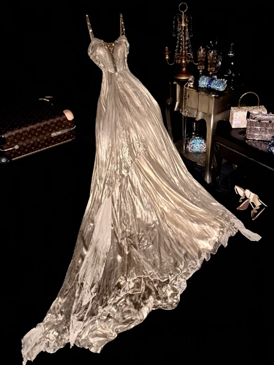 Champagne-colored halter-neck, sexy, high-waisted, elegant long ball gown R6949