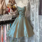 Gray-green halter-neck A-line mini dress, sexy prom dress R7509