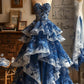 Blue tube top slim waist elegant floral dress, prom dress R5360