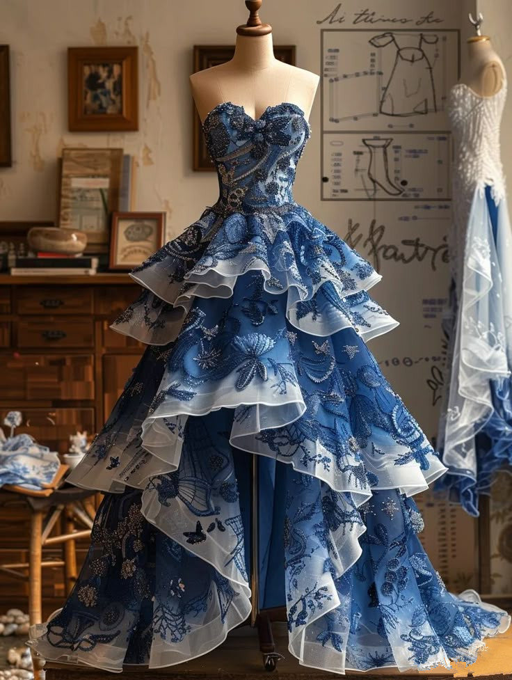 Blue tube top slim waist elegant floral dress, prom dress R5360