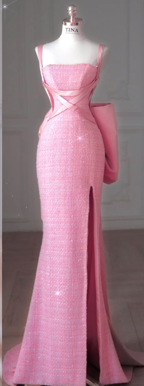 Pink Spaghetti-Strap Fitted-Waist Slim-Fit Bodycon Sexy Long Prom Dress / Bridal Gown R5909