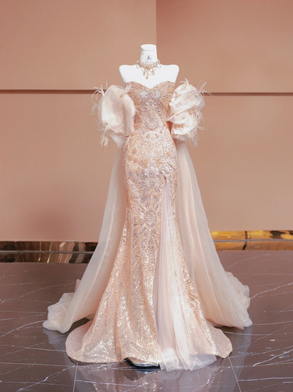 Light pink strapless fitted sequined long ball gown, bridal dress R8357