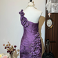 Purple asymmetrical neckline three-dimensional flower pleated waist hip sexy short skirt homecoming dress R4246