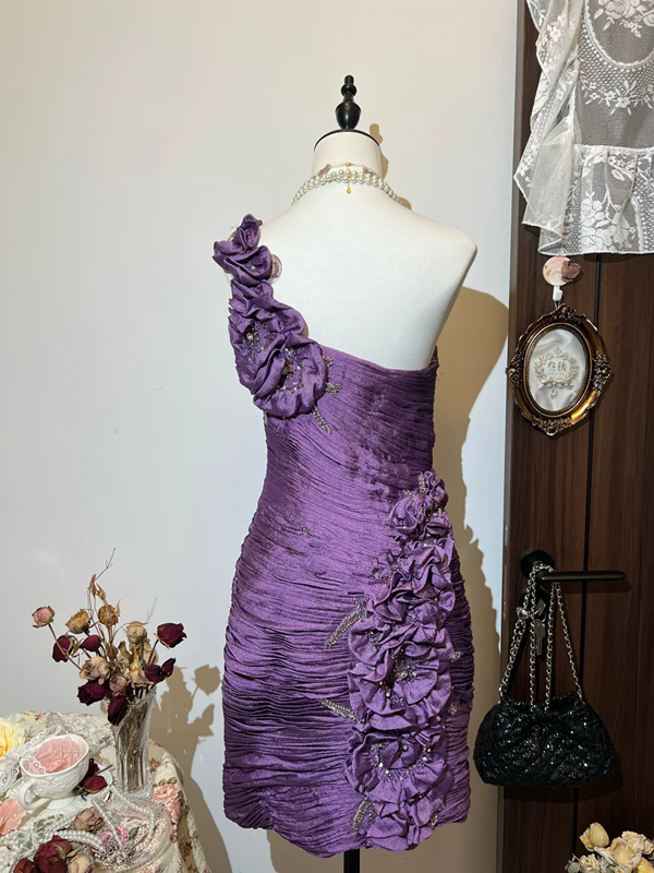 Purple asymmetrical neckline three-dimensional flower pleated waist hip sexy short skirt homecoming dress R4246
