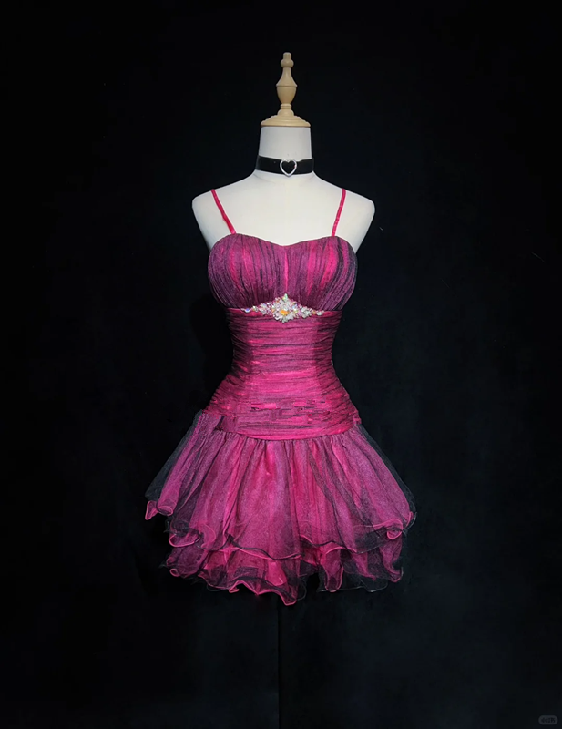 Rose red suspenders waist slim pleated sexy short skirt homecoming dress R4978