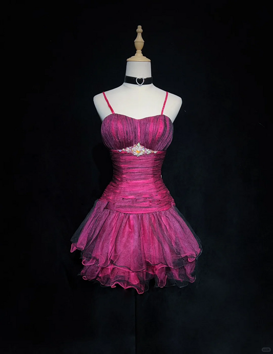 Rose red suspenders waist slim pleated sexy short skirt homecoming dress R4978