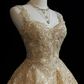Gold lace hollow strap waist A-line princess short dress homecoming dress R4897