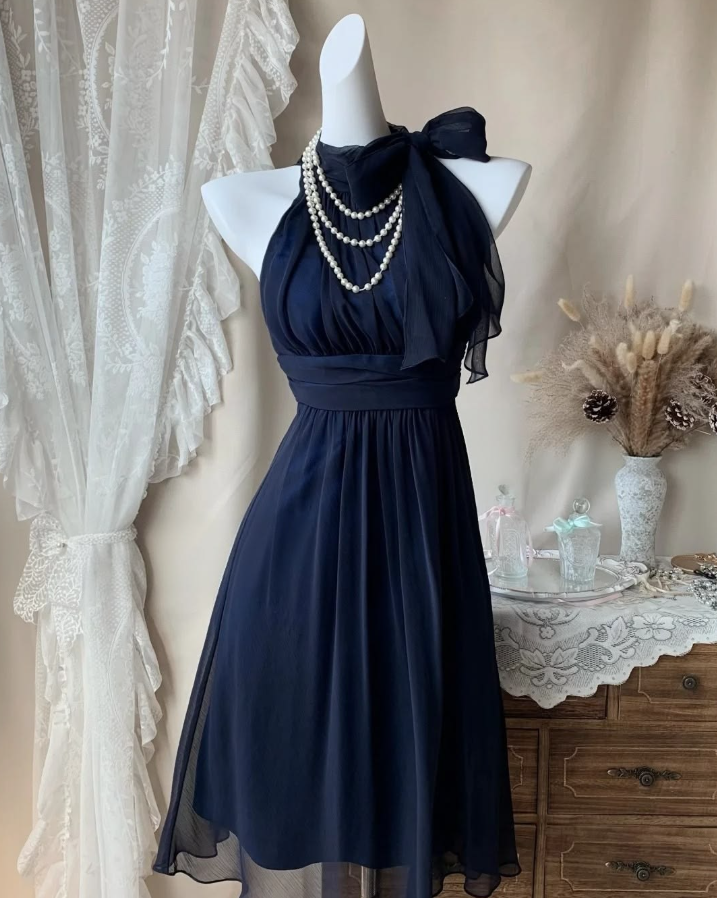 Chiffon Flowy Women's Homecoming Dress Navy Corset Short Prom Dress Party Dress RS2434