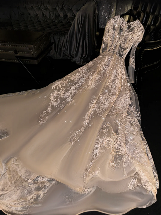 Apricot V-neck fitted waist long ball gown/bridal dress R8726