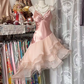 Champagne pink halter-neck fitted slim-fit short ball gown with irregular hem R7856