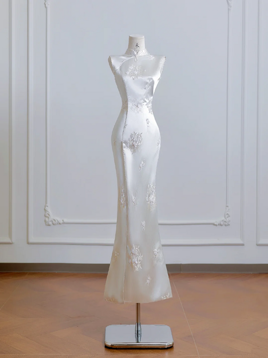 White cheongsam, fitted waist, slim hips, sexy long ball gown R8214